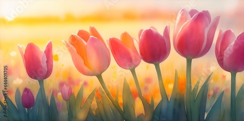 Beautiful tulips flowers. Watercolor. Ai generated illustration #644409705