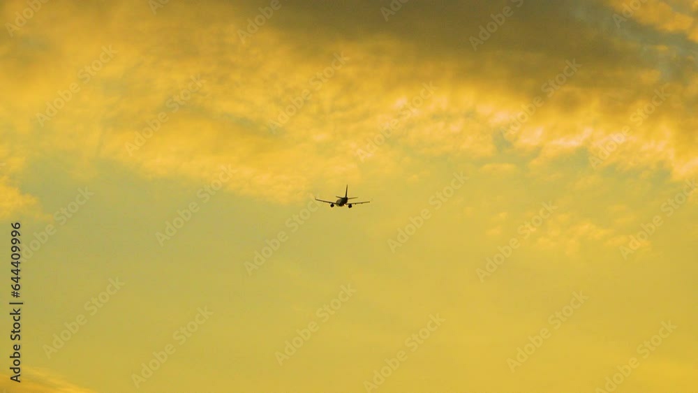 Cinematic beautiful shot of airplane flying in sunset golden sky Cinematic beautiful shot of airplane flying in sunset golden sky