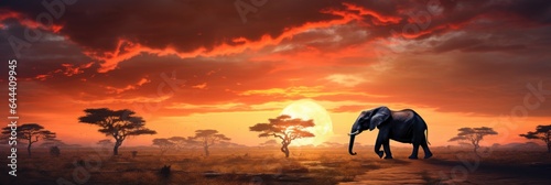 Landscape silhouette of a majestic elephant on a sunset background