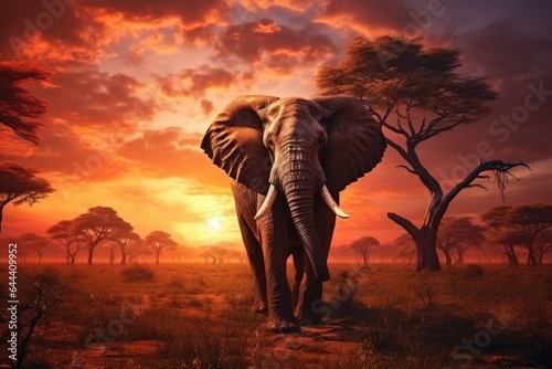 Landscape silhouette of a majestic elephant on a sunset background