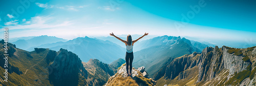 A woman feeling openness on a mountain peak with her arms outstretched.