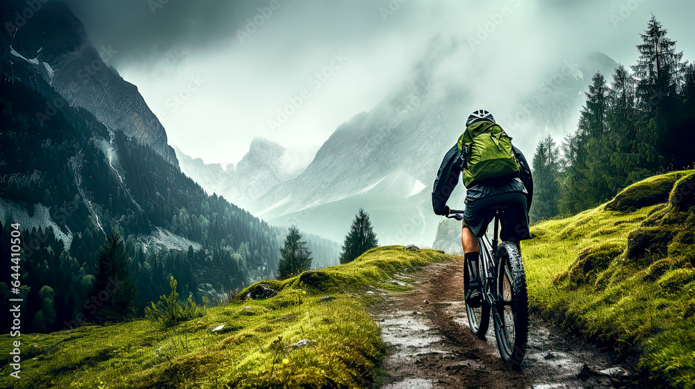 man riding a mountain bike on a mountain trail on a cloudy day