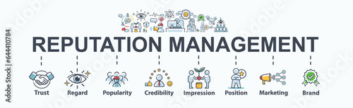 Reputation management banner web icon for business and personal branding, trust, regard, popularity, credibility, impression, position, marketing and brand. Minimal vector infographic.