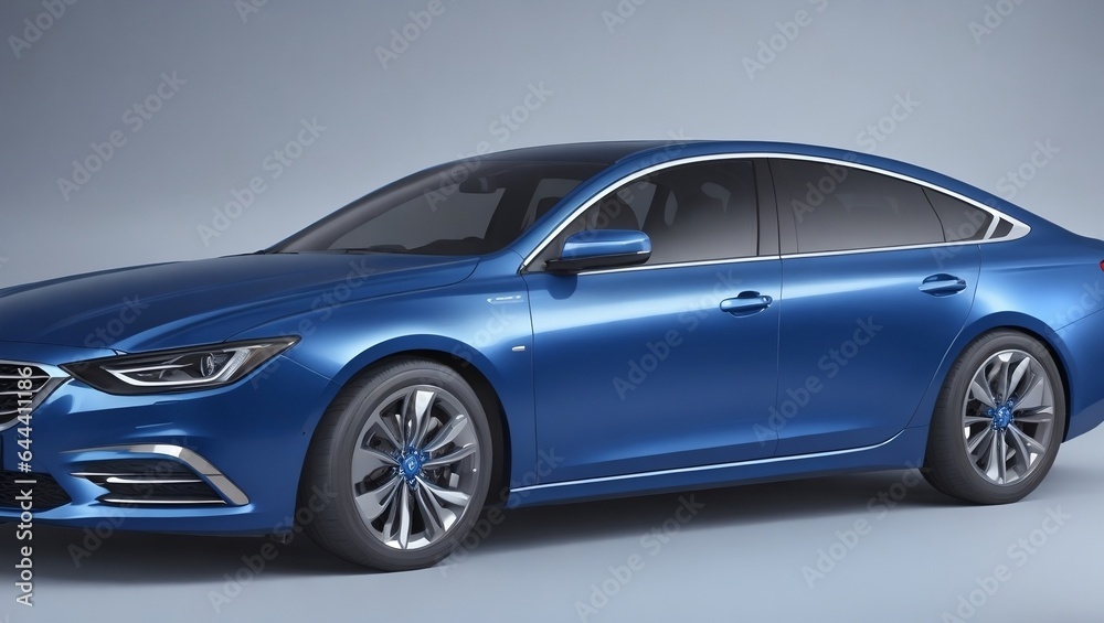 A sleek, new blue metallic vehicle steals the show. generic modern design with no brand. 