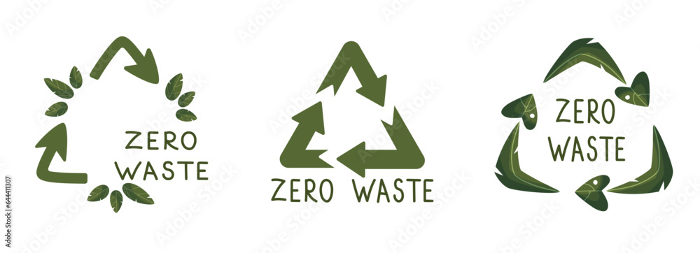 Obraz premium Zero waste labels. Green eco friendly label, reduce waste and recycle icon with plant leaves vector set. No plastic ecological protection logo with green recycling arrows signs
