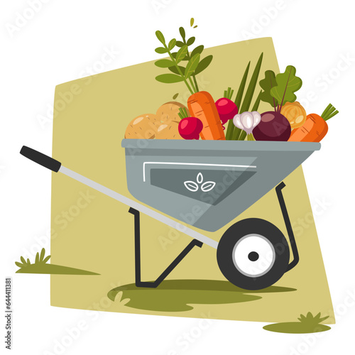 Wooden farm cart with vegetables. Harvest Festival. Fresh Organic Products from Local Farmers Market. Vector Cute Illustration in cartoon style.