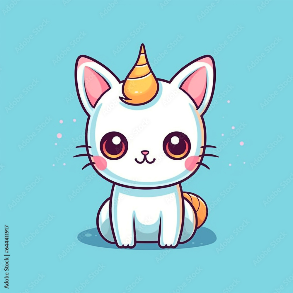 Fototapeta premium Cute cat with unicorn horn, kawaii caticorn