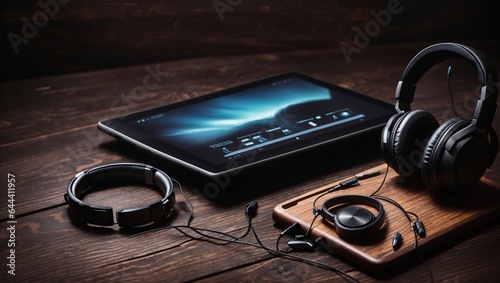 A dark wooden table with a digital tablet and headphones on top