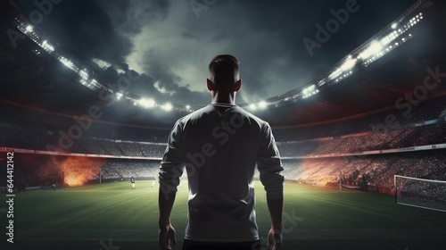 Epic night at stadium with soccer player standing ready on field, back to camera, in spotlight for kickoff © Lucky Ai