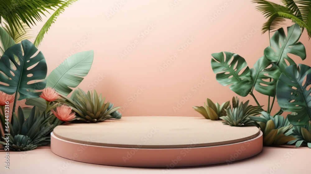 Summer themed tropical podium for display product. Background for cosmetic product branding, identity and packaging Summer themed tropical podium for display product. Background for cosmetic product branding, identity and packaging
