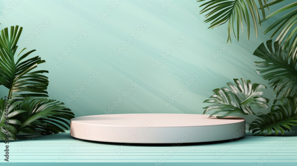 Summer themed tropical podium for display product. Background for cosmetic product branding, identity and packaging Summer themed tropical podium for display product. Background for cosmetic product branding, identity and packaging