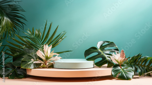 Summer themed tropical podium for display product. Background for cosmetic product branding  identity and packaging