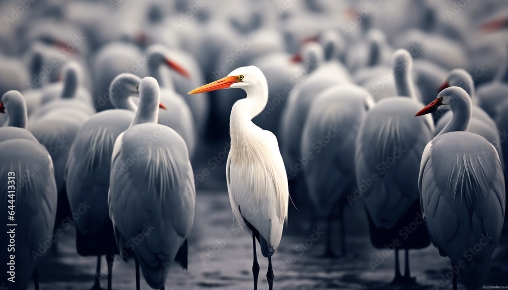 Obraz premium Standing Out from the Crowd - White Bird Standing Between Many other