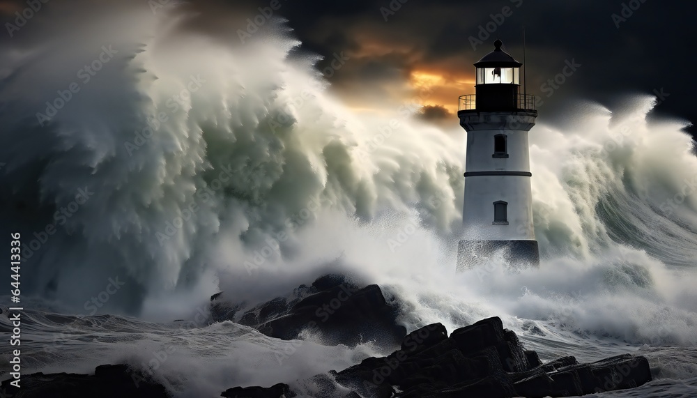 Storm with Big Waves over the Lighthouse at the Ocean