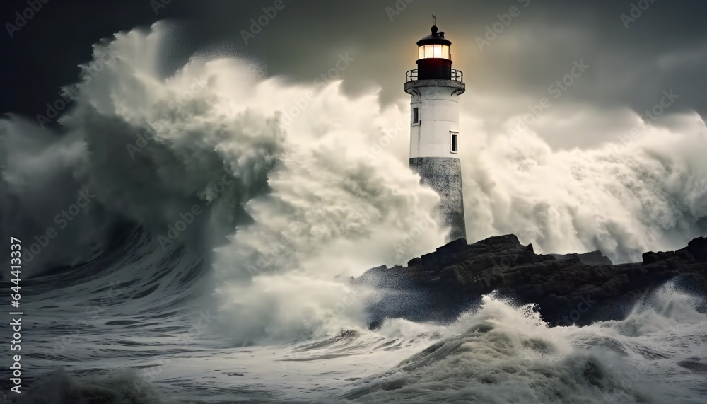 Storm with Big Waves over the Lighthouse at the Ocean