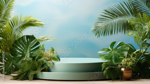 Summer themed tropical podium for display product. Background for cosmetic product branding, identity and packaging