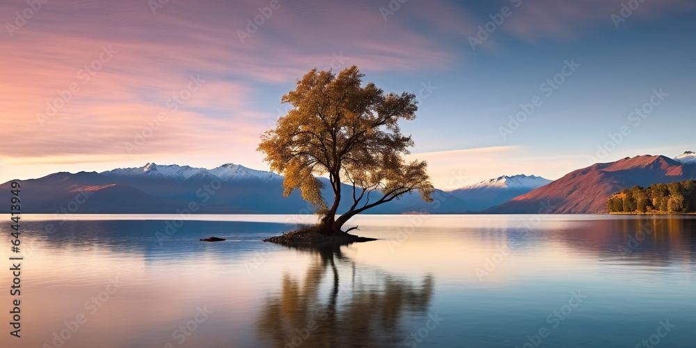 landscape of colorful Wanaka Tree reflection on Lake with sunrise in the fresh morning landscape of colorful Wanaka Tree reflection on Lake with sunrise in the fresh morning