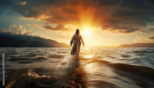 The Figure of Jesus Walks on Water in a Beautiful Dramatic Scene