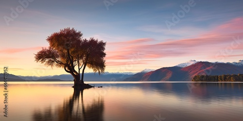 landscape of colorful Wanaka Tree reflection on Lake with sunrise in the fresh morning