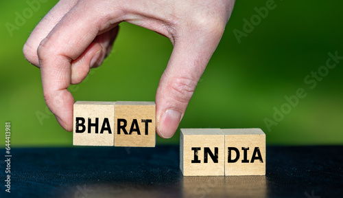 Hand pics cubes with the name Bharat instead of India. Symbol for the discussion how to name India.