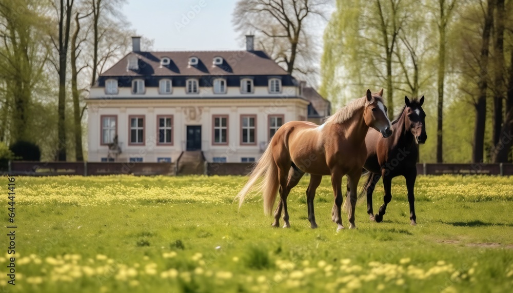 Two Horses in a Green Spring Field - obrazy, fototapety, plakaty 