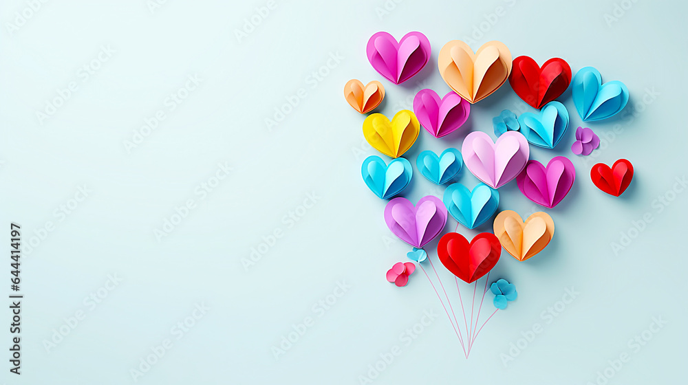 Cute heart balloons made of paper with light blue background