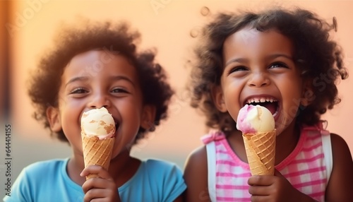 Two Happy Dark-Skinned Children Eating Ice Cream