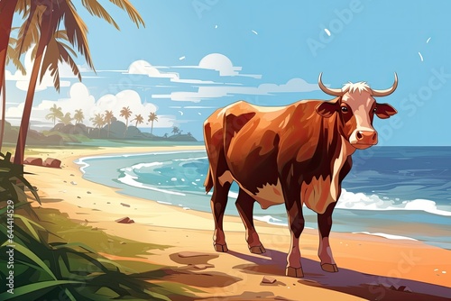 cow stands on the beach under palm tree illustration
