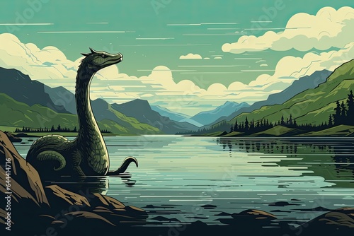 loch ness monster in lake illustration photo