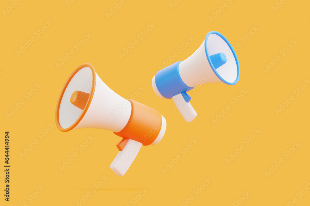 Cartoon megaphones on orange background. Loudspeaker or bullhorn in