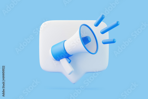 Cartoon megaphone with notification speech bubble on blue background. Loudspeaker or bullhorn in minimal style. 3D render illustration