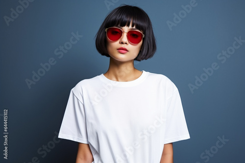Fotografia design mockup: beautiful woman with modern short bob hair wearing white blank t