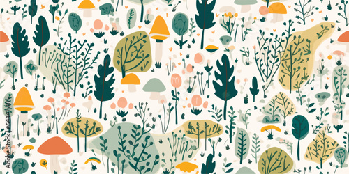 Autumn seamless pattern with mushrooms, tree and plants. Botanical vector.