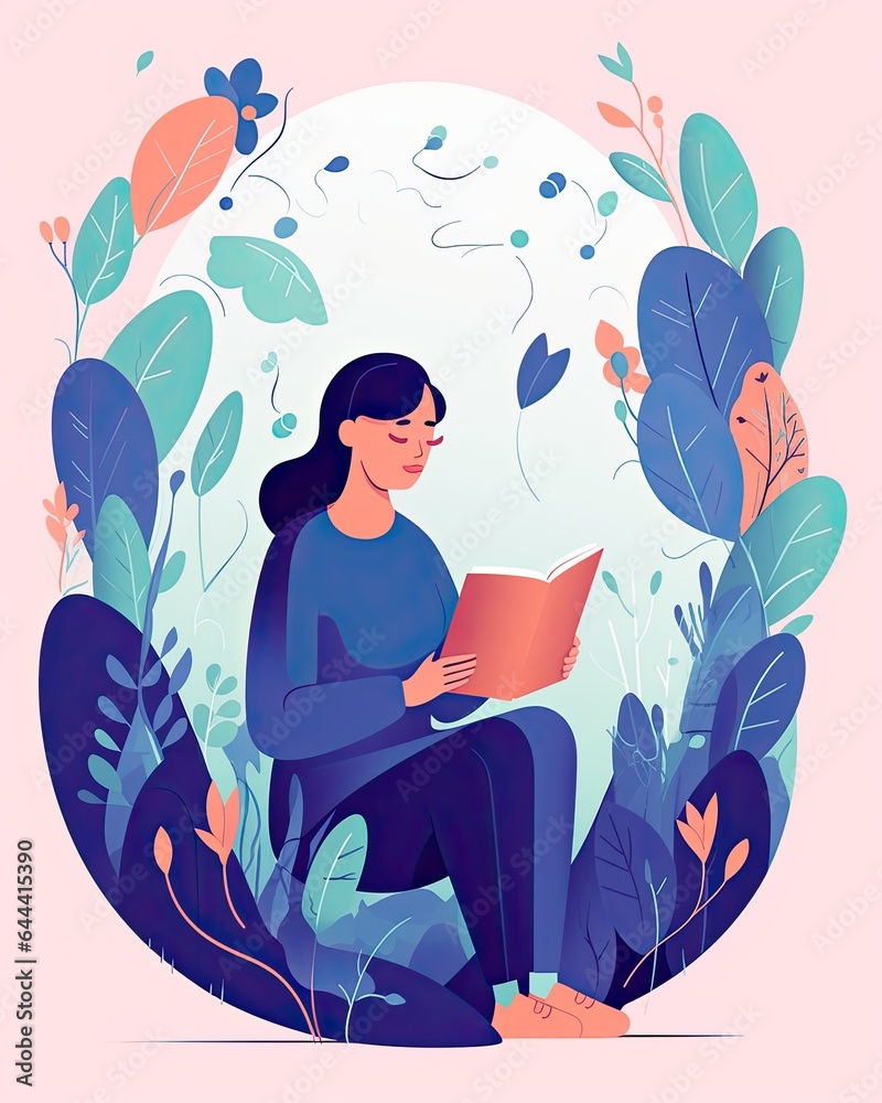 Flat vector illustration of a female character reading and listening to an audiobook Flat vector illustration of a female character reading and listening to an audiobook