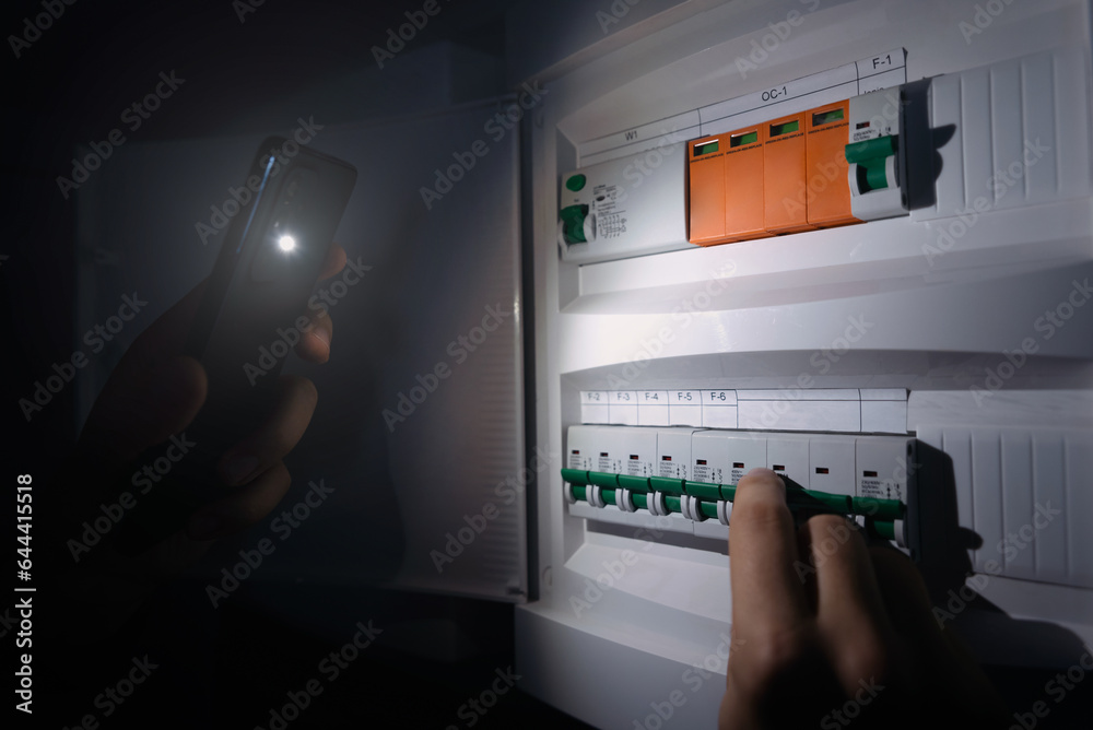 Blackout concept, energy crisis. Home fuse box