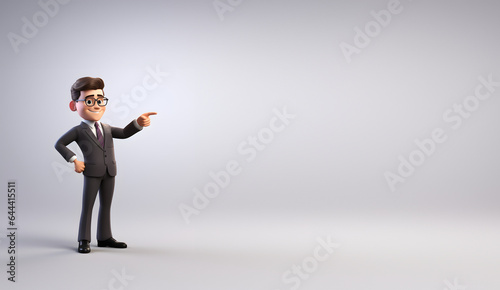 un homme en costume montre quelque chose du doigt - style personnage cartoon 3D photo