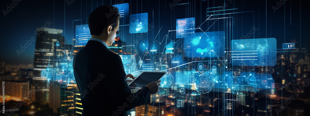 Fototapeta premium Businessman using a tablet connected to the global network. Generative Ai
