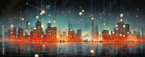 futuristic background depicting a night city shrouded in a global network network. Generative Ai