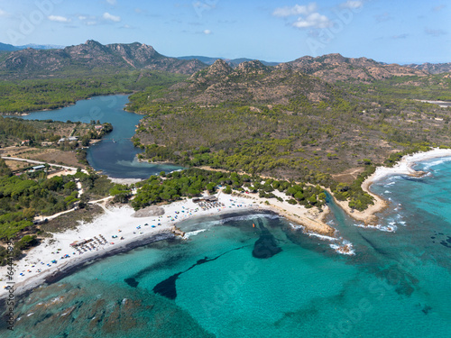 Drone view of Cala Ginepro and Cala Liberotto beachs, with the Sa Curcurica pond, Orosei, Sardinia, Italy