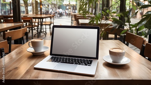 Laptop blank screen and coffee cup on wooden table. Top view with copy space