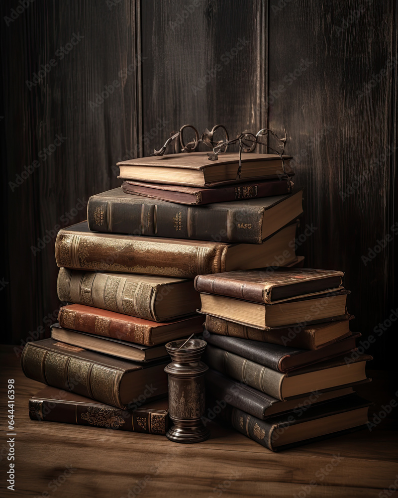Old shabby books on a table on a wooden background with various accessories Old shabby books on a table on a wooden background with various accessories