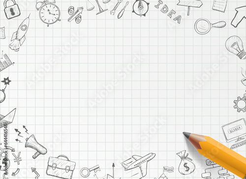 Sheet of notebook paper with penciled doodles and sketches. Background for text. Back to school. Vector illustration