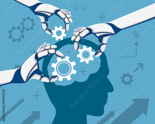 Robot hands insert gears into a human head. Artificial intelligence development. Innovative progress in computer technologies. Vector illustration