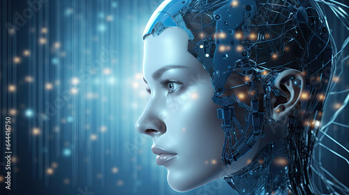 Artificial intelligence industry advertising banner with face beautiful female android robot on the right and empty space for text on the left. 3D, highly detailed.