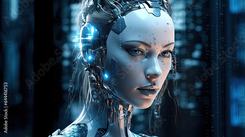 Illustration of face beautiful female android robot in neon light. 3D, highly detailed. For covers, backgrounds and other projects about artificial intelligence and future technology.
