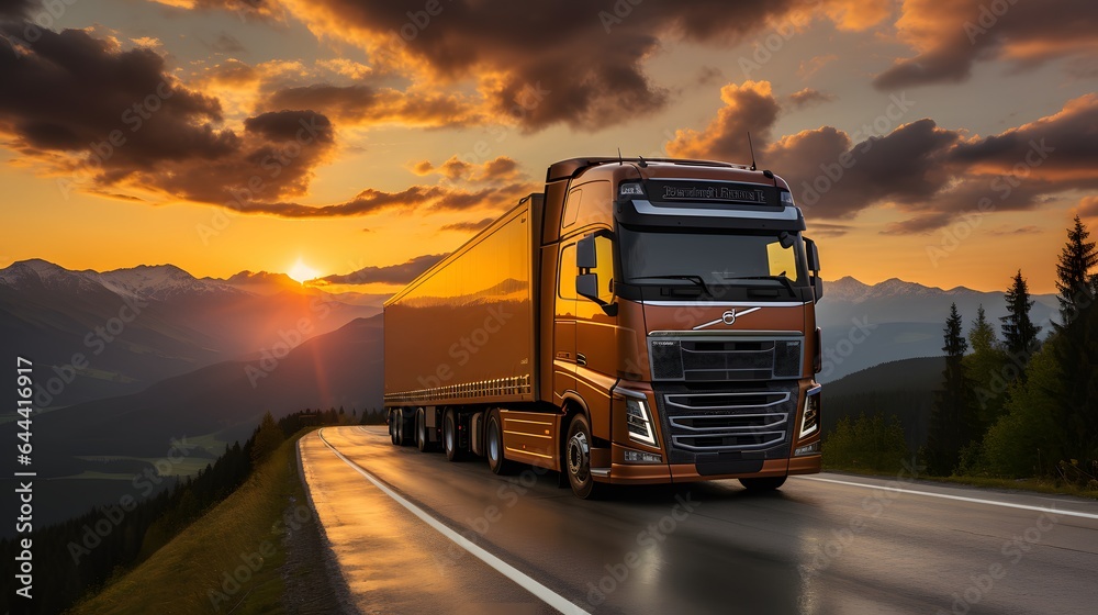 Loaded European truck on motorway in sunset light. Mountain landscape. On the road transportation and cargo.