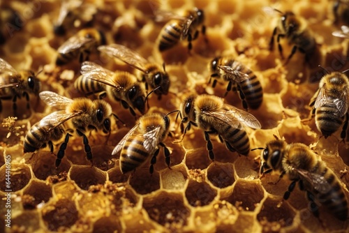 Close up view of the working bees on honey cells. Beekeeping concept.