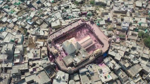 Aerial view of Shri Raas Bihari Temple during the Holy colour festival in Barsana, Uttar Pradesh, India. photo