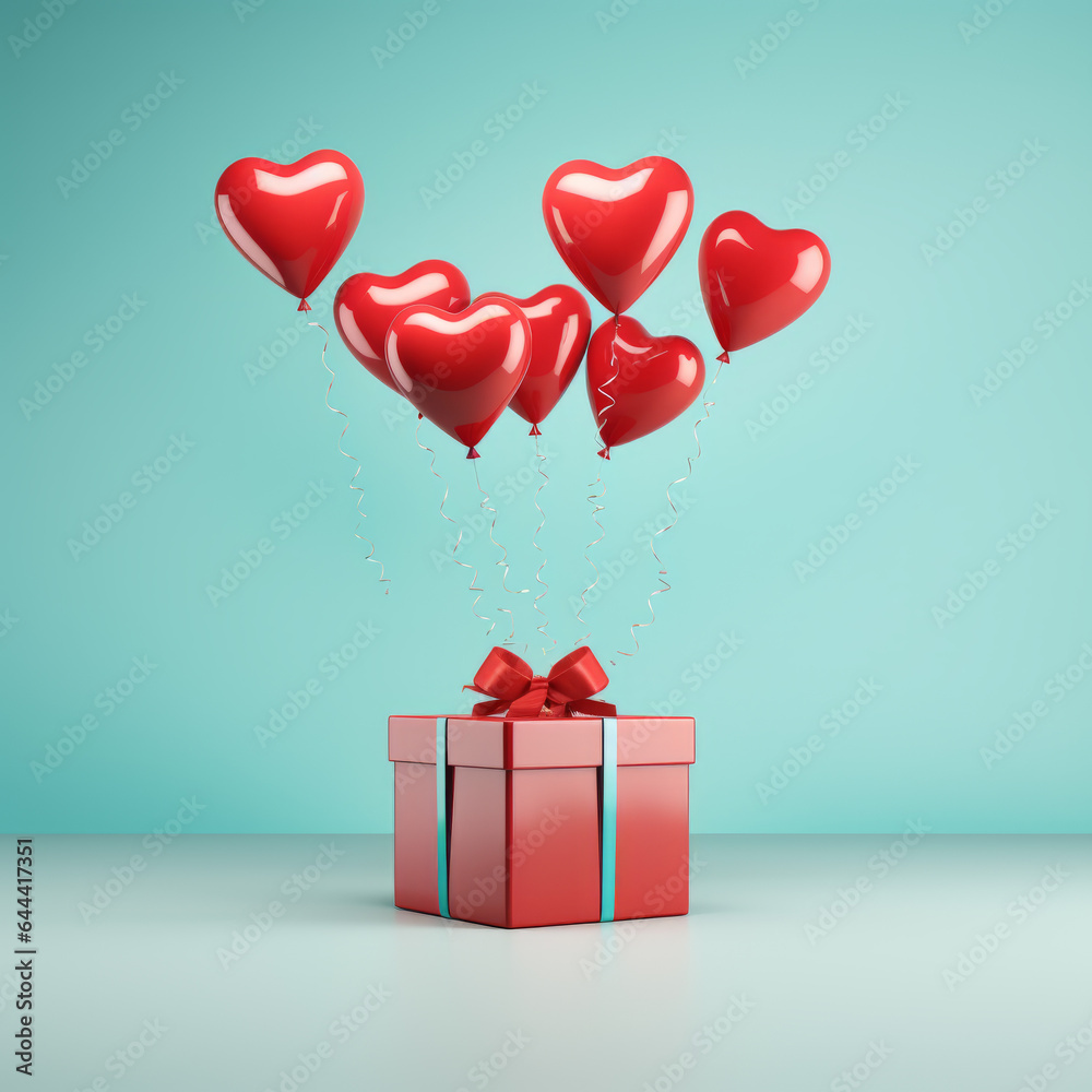 Red gift box with heart shaped balloons. Valentine, love, romance concept. Love is in the air. AI generative, illustration