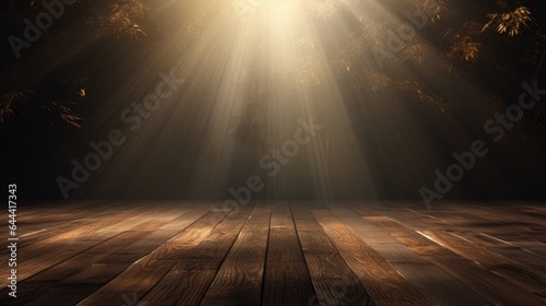 Dark wood floor with background with sunlight and forest